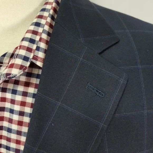 Nautica Men's Sport Coat Blazer Two Button Navy Blue Plaid‎ Wool Size 44R